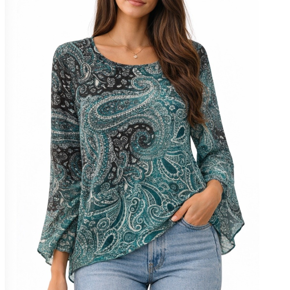 Petite Paisley Rhinestone Teal Black 3/4 Sleeve Blouse‎ PP
